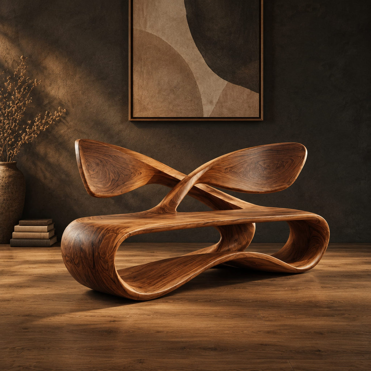 Low wooden bench with a looping oval body and a crossed ribbon backrest in a dark studio against a charcoal plaster wall