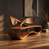 Low wooden bench with a looping oval body and a crossed ribbon backrest, three-quarter view showing the grain