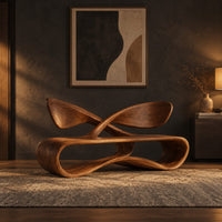 Low wooden bench with a looping oval body and a crossed ribbon backrest in a dark entryway at golden hour