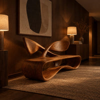 Low wooden bench with a looping oval body and a crossed ribbon backrest in an evening entryway with walnut wall paneling