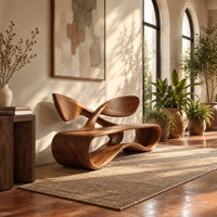 Low wooden bench with a looping oval body and a crossed ribbon backrest in a bright entryway with arched windows and plants