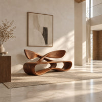 Low wooden bench with a looping oval body and a crossed ribbon backrest in a bright open plan entryway