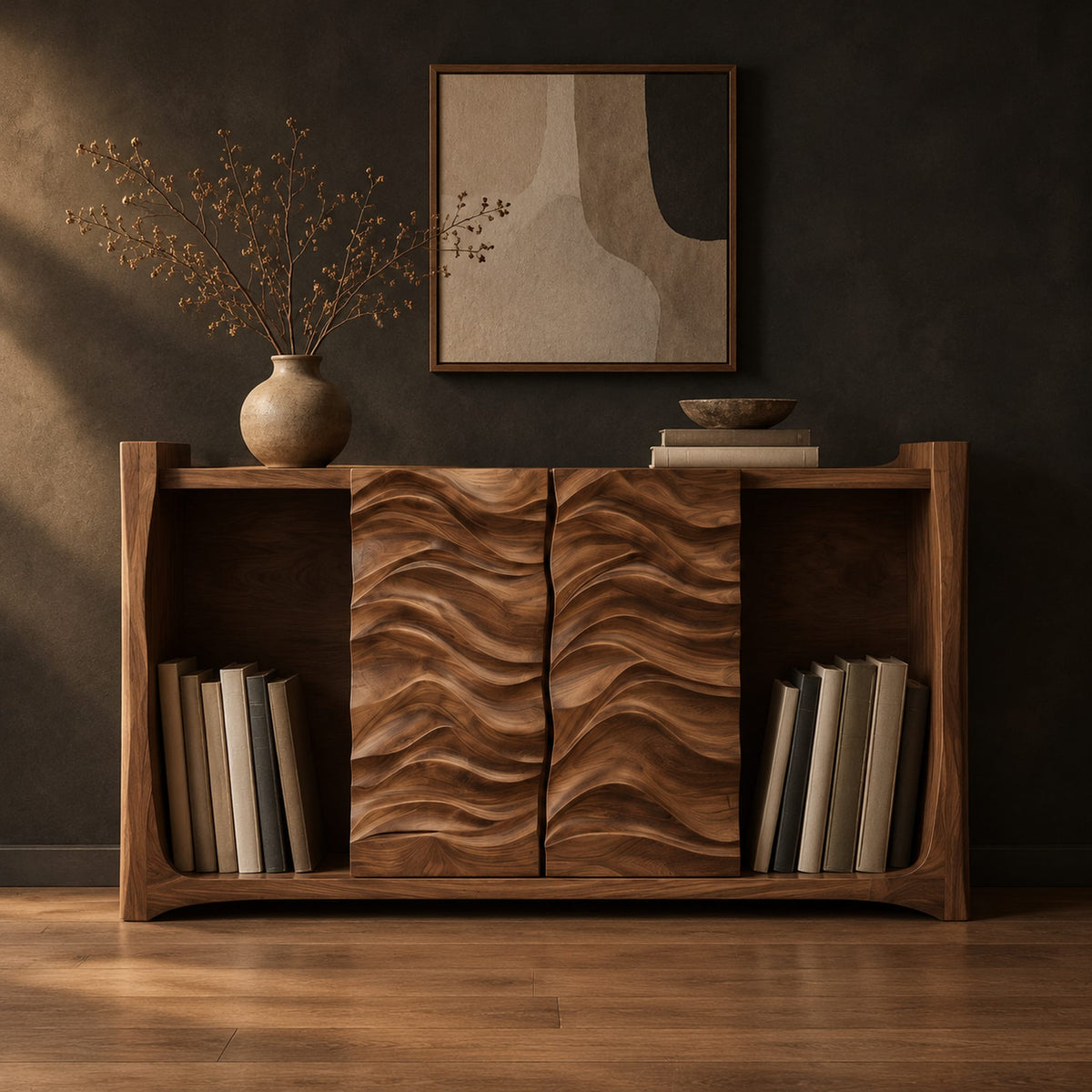 Low bookshelf with two carved wave doors and open bays at both ends in a dark studio against a charcoal plaster wall