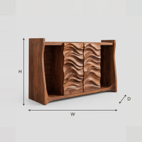 Low Bookshelf With Carved Wave Doors And Open End Bays dimension diagram with width, height and depth