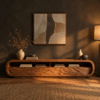 Low capsule shaped tv stand with wave carved fronts and open bays in a dark living room at golden hour