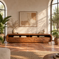 Low capsule shaped tv stand with wave carved fronts and open bays in a bright living room with arched windows and plants