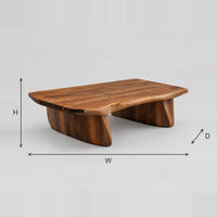 Low Coffee Table With Boat Shaped Legs And Thick Slab Top dimension diagram with width, height and depth