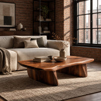 Low coffee table with a thick slab top and two boat shaped legs in an industrial loft living room with exposed brick
