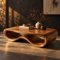 Low oval wooden coffee table with a folded ribbon body, three-quarter view showing the grain