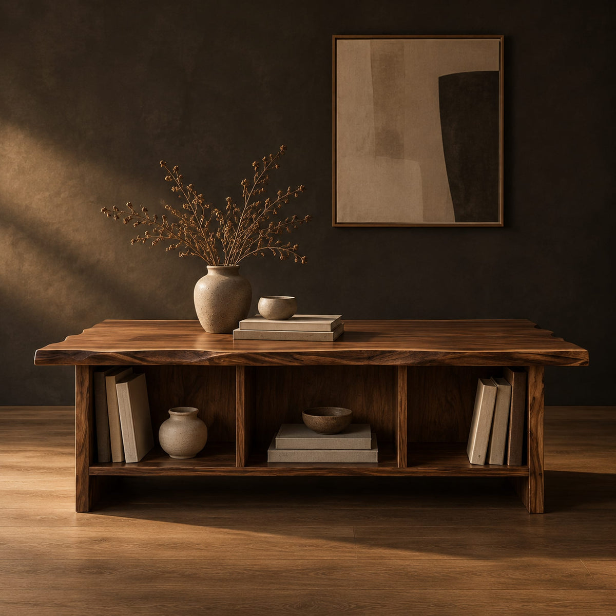 Low coffee table with a wavy natural edge top and three open cubbies in a dark studio against a charcoal plaster wall