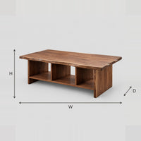 Low Coffee Table With Natural Wavy Edge Top And Three Open Cubbies dimension diagram with width, height and depth