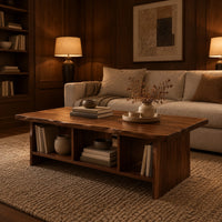 Low coffee table with a wavy natural edge top and three open cubbies in an evening living room with walnut wall paneling