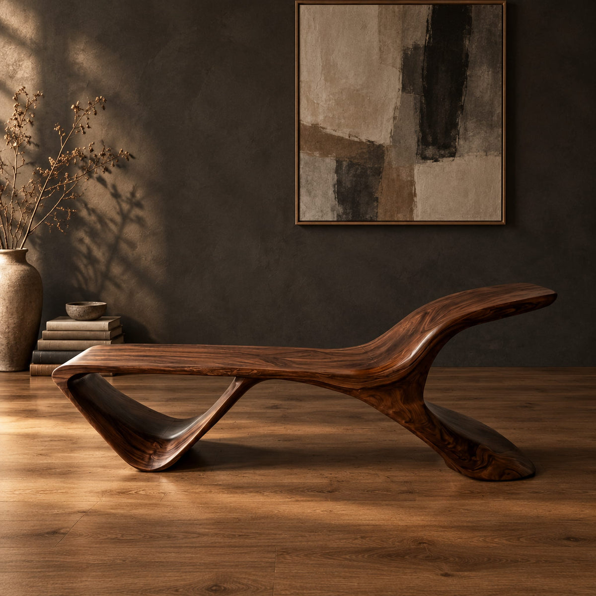 Low wooden bench with a swept up end and an open triangle leg in a dark studio against a charcoal plaster wall