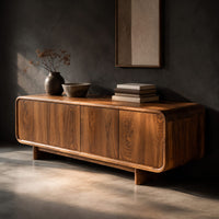Low wood sideboard with four flat front panels and short legs, three-quarter view showing the grain