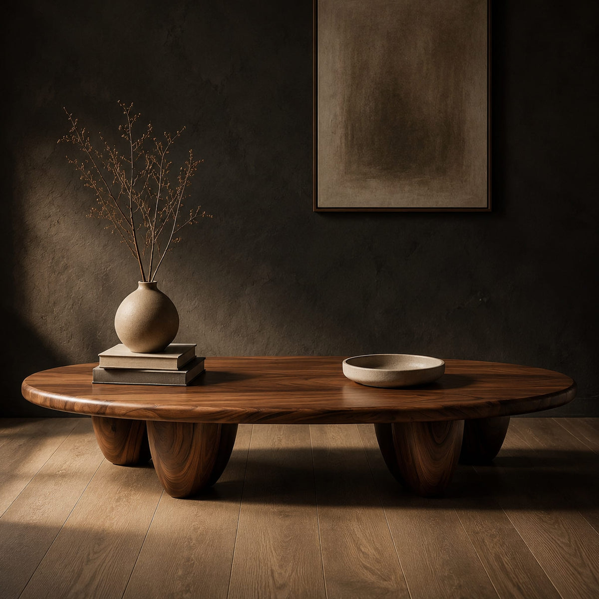Low oval coffee table with a thick top and chunky pod shaped legs in a dark studio against a charcoal plaster wall