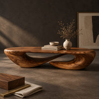 Corner detail of low oval coffee table on a twisted open loop base beside wood, brass and linen samples