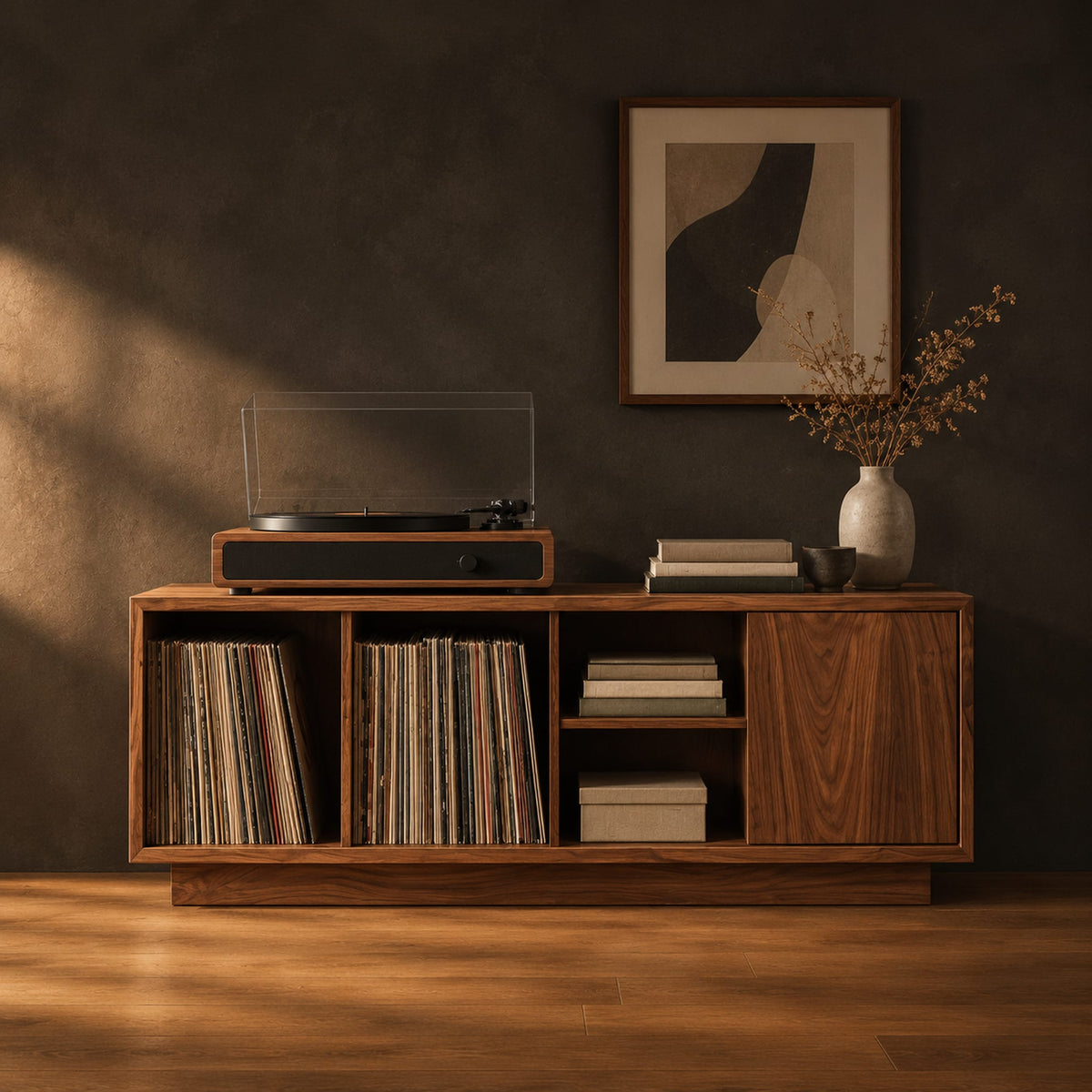 Low wood record console with three open cubbies and a panel end in a dark studio against a charcoal plaster wall