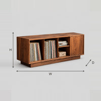 Low Record Console With Three Open Cubbies And Panel End dimension diagram with width, height and depth