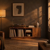 Low wood record console with three open cubbies and a panel end in a dark living room at golden hour