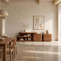 Low sideboard with an open shelf bay and two block cabinets in a bright open plan dining room