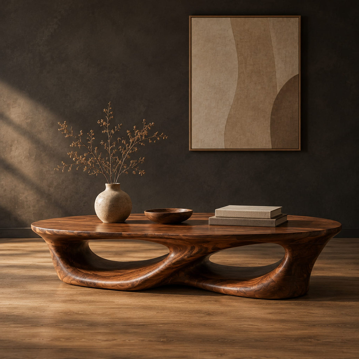 Low coffee table with an oval top and twin open loops in a dark studio against a charcoal plaster wall