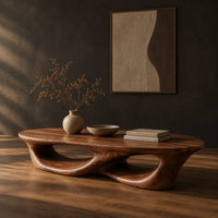 Low coffee table with an oval top and twin open loops, three-quarter view showing the grain