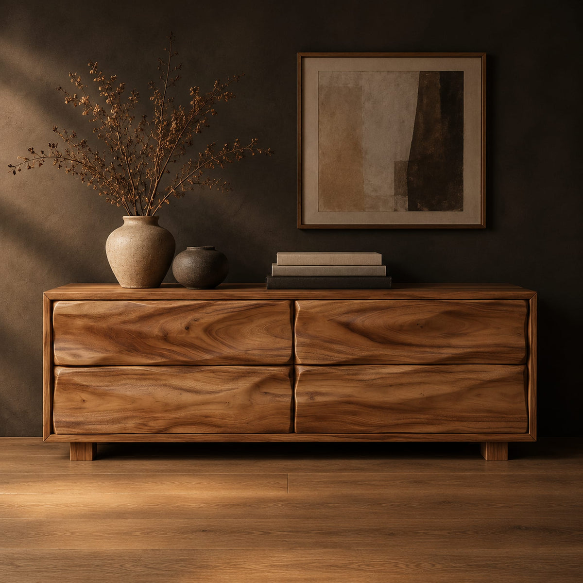 Low bench with four wavy grain front panels on short block feet in a dark studio against a charcoal plaster wall