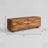 Low Solid Wood Bench With Four Wavy Grain Front Panels dimension diagram with width, height and depth