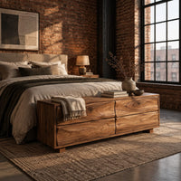 Low bench with four wavy grain front panels on short block feet in an industrial loft bedroom with exposed brick