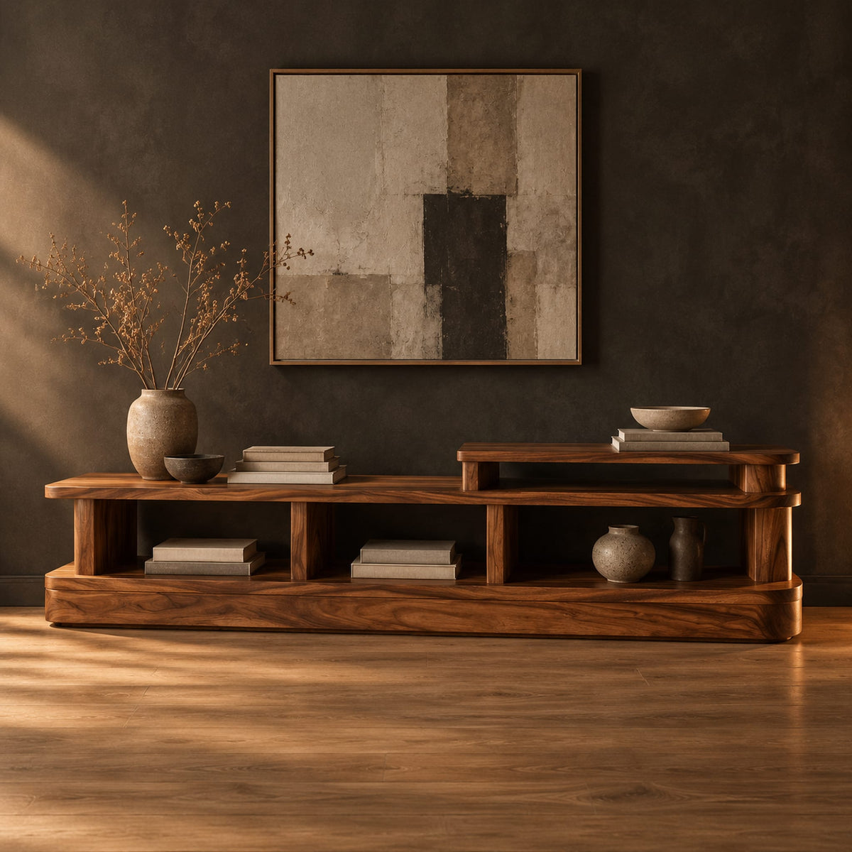 Low stepped open shelf console table with a raised section at one end in a dark studio against a charcoal plaster wall