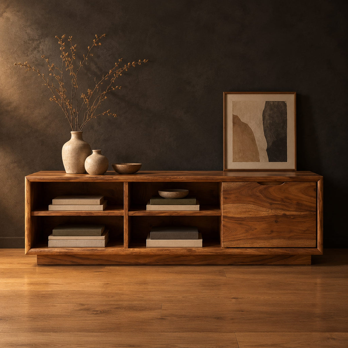 Low storage bench with four open cubbies and a closed wood panel in a dark studio against a charcoal plaster wall