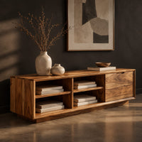 Low storage bench with four open cubbies and a closed wood panel, three-quarter view showing the grain