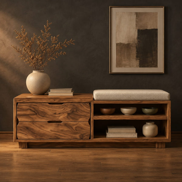Low Storage Bench With Two Drawers And An Open Cubby