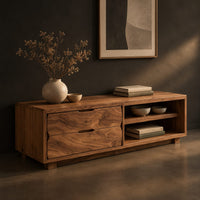 Low bench with two drawers, an open shelf cubby and a seat pad, three-quarter view showing the grain