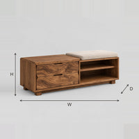 Low Storage Bench With Two Drawers And An Open Cubby dimension diagram with width, height and depth