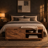 Low bench with two drawers, an open shelf cubby and a seat pad in a dark bedroom at golden hour