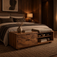 Low bench with two drawers, an open shelf cubby and a seat pad in an evening bedroom with walnut wall paneling