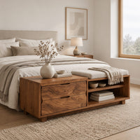 Low bench with two drawers, an open shelf cubby and a seat pad in a Scandinavian bedroom with white walls