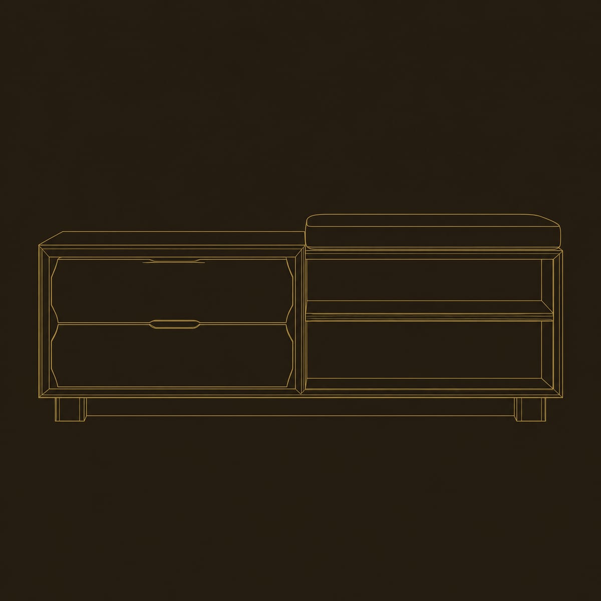 Low Storage Bench With Two Drawers And An Open Cubby dimension diagram