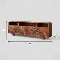 Low TV Stand With Carved Wave Front And Open Top Shelves dimension diagram with width, height and depth