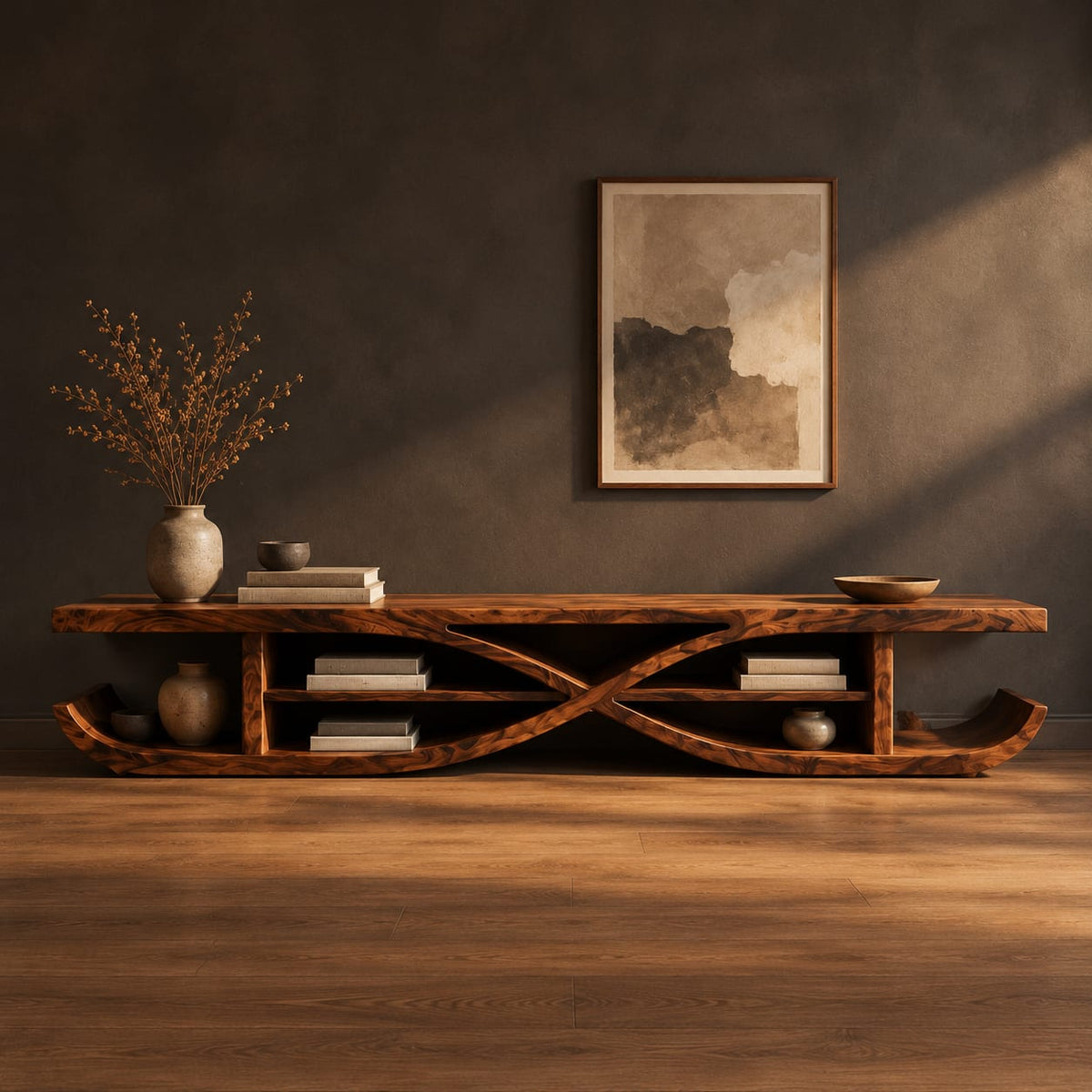 Low tv stand with crossed curves and upturned sled ends in a dark studio against a charcoal plaster wall