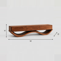 Low TV Stand With Curved Wave Base, Three Panel Front dimension diagram with width, height and depth