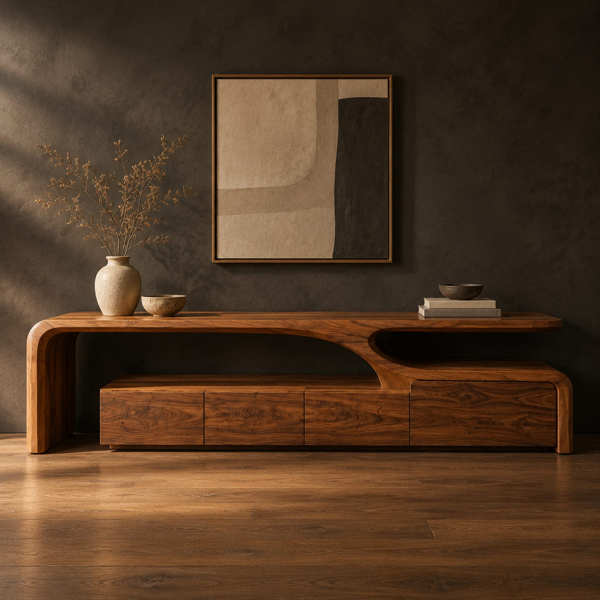 Low tv stand with a sweeping wave top and a four panel front in a dark studio against a charcoal plaster wall