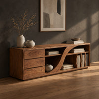 Low tv stand with three drawers and a swooping divider beside vertical slots, three-quarter view showing the grain