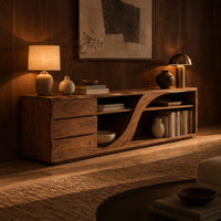 Low tv stand with three drawers and a swooping divider beside vertical slots in an evening living room with walnut wall paneling