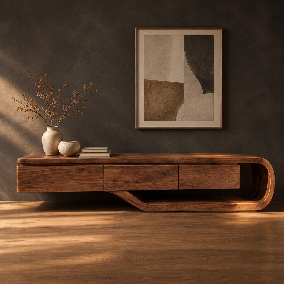 Low tv stand with a three panel front and a sweeping curved loop base in a dark studio against a charcoal plaster wall