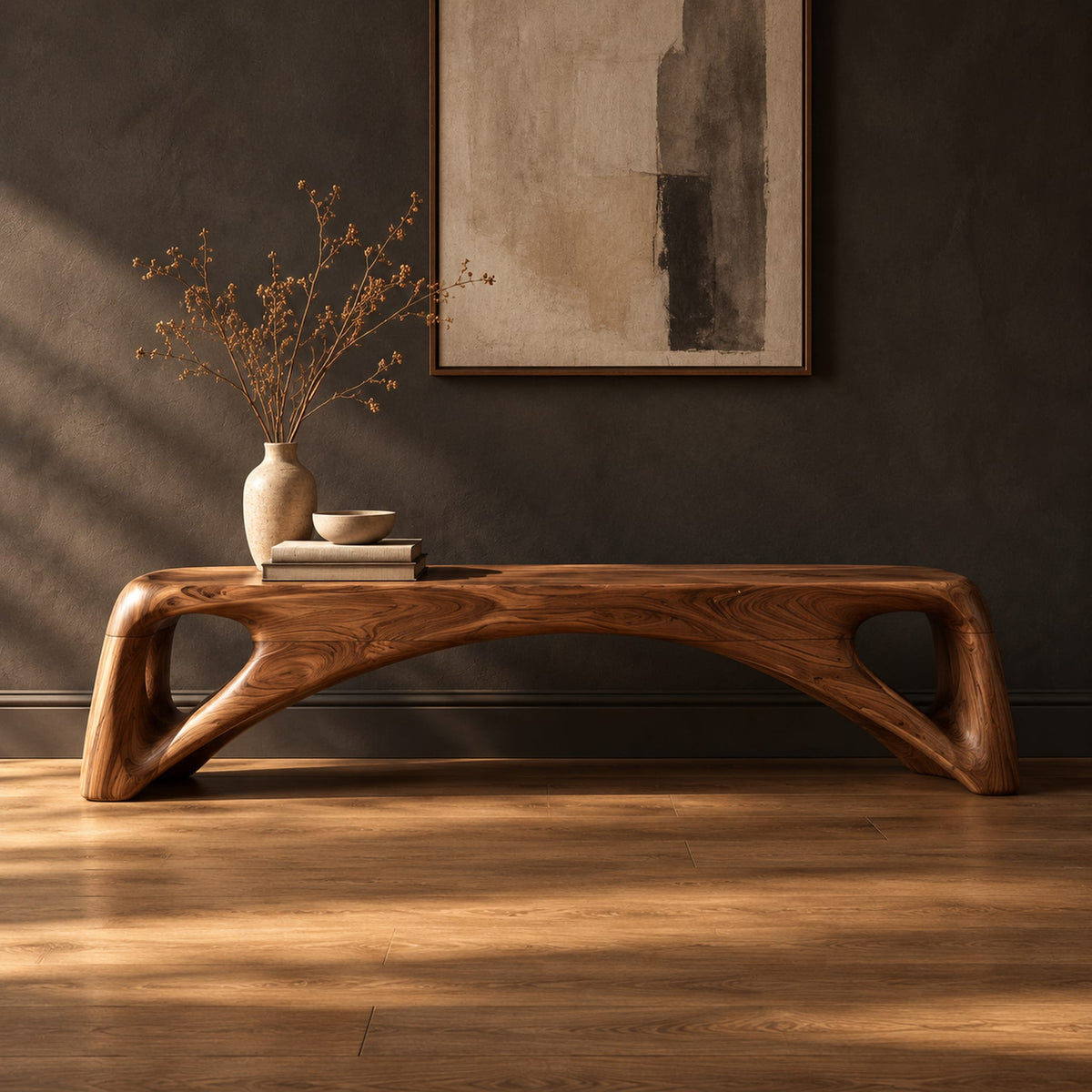 Low solid wood bench with an arched underside and open cutouts at each end in a dark studio against a charcoal plaster wall