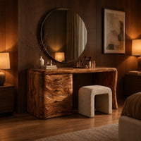 Makeup vanity desk with four wave carved drawers and a single slab leg in an evening bedroom with walnut wall paneling