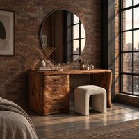 Makeup vanity desk with four wave carved drawers and a single slab leg in an industrial loft bedroom with exposed brick