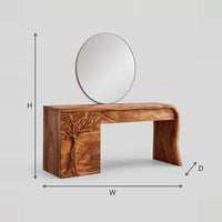 Makeup Vanity With Carved Tree Pedestal And Sweeping Side Leg dimension diagram with width, height and depth